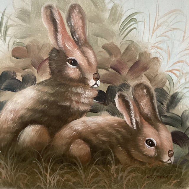 Traditional Mid 20th Century Vintage Cutrona Wildlife Canvas Painting of Bunnies Artist Signed Framed For Sale - Image 3 of 12