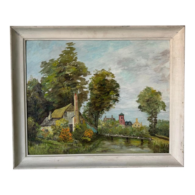 1970's Vintage Countryside Cottage Landscape Oil Painting, Framed For Sale