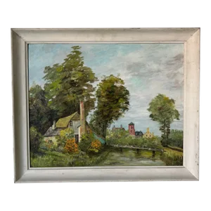 1970's Vintage Countryside Cottage Landscape Oil Painting, Framed