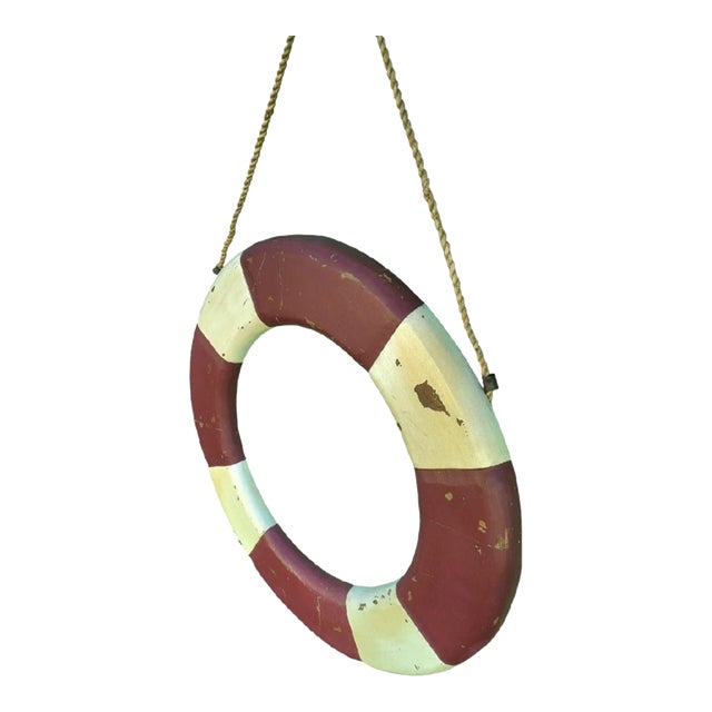 Vintage Huge Coastal Maroon Cream Distressed Carved Wood Life Saver Raft Wall Decor by Lane Furniture For Sale