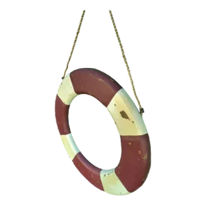 Vintage Huge Coastal Maroon Cream Distressed Carved Wood Life Saver Raft Wall Decor by Lane Furniture