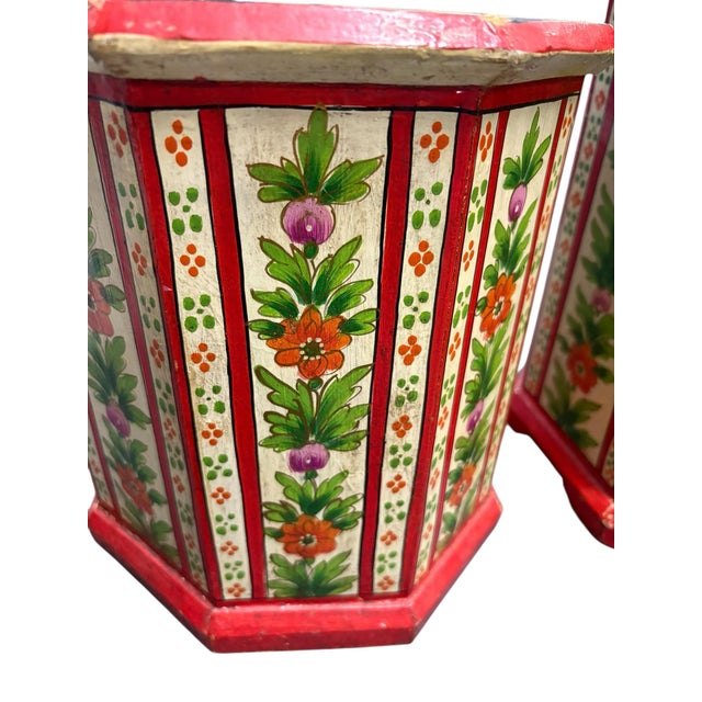 Folk Art 1950’s Vintage Red Floral Folk Art Wastebaskets- A Set of 2 For Sale - Image 3 of 12