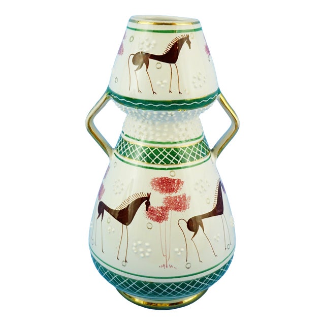 Vintage Ceramic Vase with Stylized Horses by Serafino Volpi, Italy, 1950s For Sale