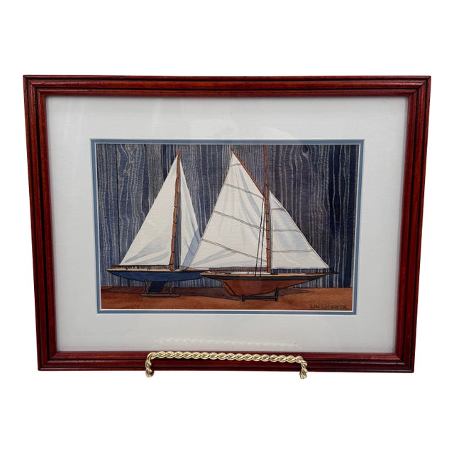 Lin Webber Original Watercolor Painting "Boat Models" 1997 Framed Sailboats For Sale