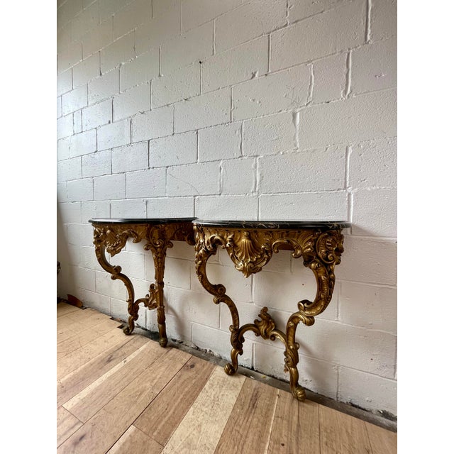Rococo Pair Italian Rococo Revival Giltwood Wall Consoles With Black Marble Tops For Sale - Image 3 of 10