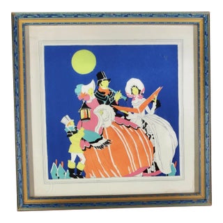 Art Deco Pochoir of Caroling Family on a Winter Night. Circa 1920-30s For Sale