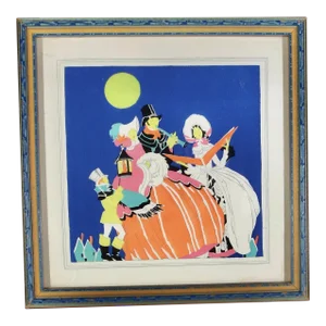Art Deco Pochoir of Caroling Family on a Winter Night. Circa 1920-30s