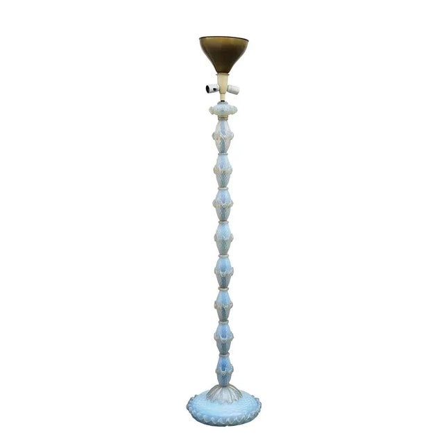 Classic-style, handcrafted floor lamp made of lightly iridescent blue diamond Murano glass by Barovier & Toso 1940....