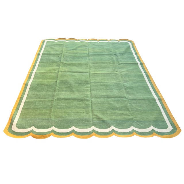 Not Yet Made - Made To Order Handmade Cotton Area Scalloped Dhurrie, Moss Green, Cream and Mustard Border Rug-9'x12' For Sale - Image 5 of 13