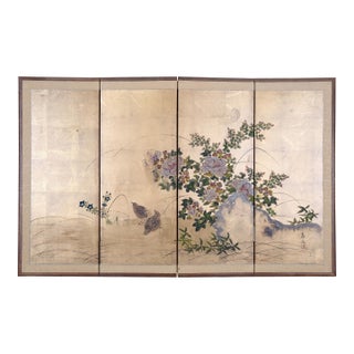 1950s Japanese Byobu "2 Quails Under Flowering Bush" Artist Hand Signed & Hand Painted 4-Panel Folding Screen Excellent Overall Condition For Sale