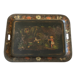 Antique English Toleware Tray With Tiger and Hunter