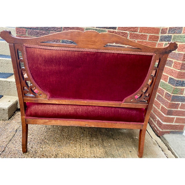 Vintage Victorian-Style Wine Red Velvet Loveseat For Sale - Image 12 of 17
