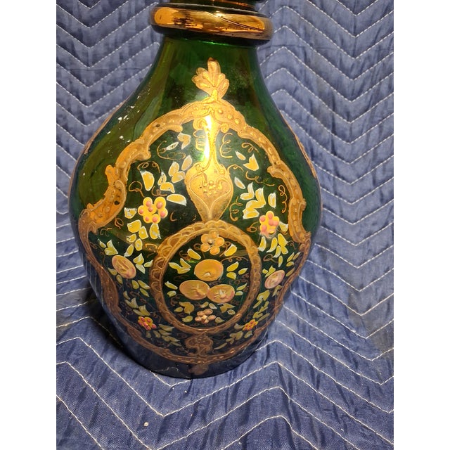 19th Century Bohemian Emerald Green Enameled & Gilt Glass Decanter With Stopper For Sale - Image 4 of 4