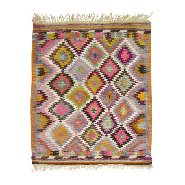 Mid 20th Century Colorful Small Square Vintage Turkish Kilim, 3'9'' X 4'6'' For Sale