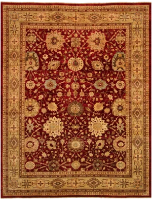 1990s Shabby Chic Rustic Lahore Peshawar Shanika Red/Lt. Green Hand-Knotted Rug - 11'11 X 15'6
