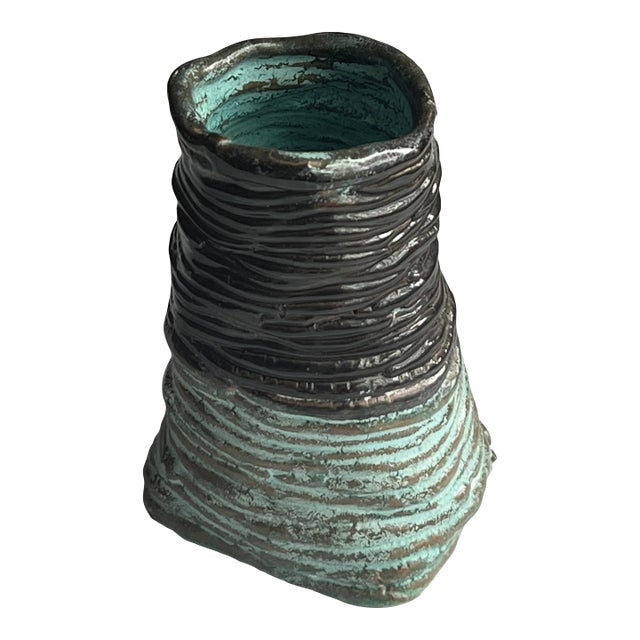 Handmade Pottery Sculptural Vase Brown and Jade Green For Sale