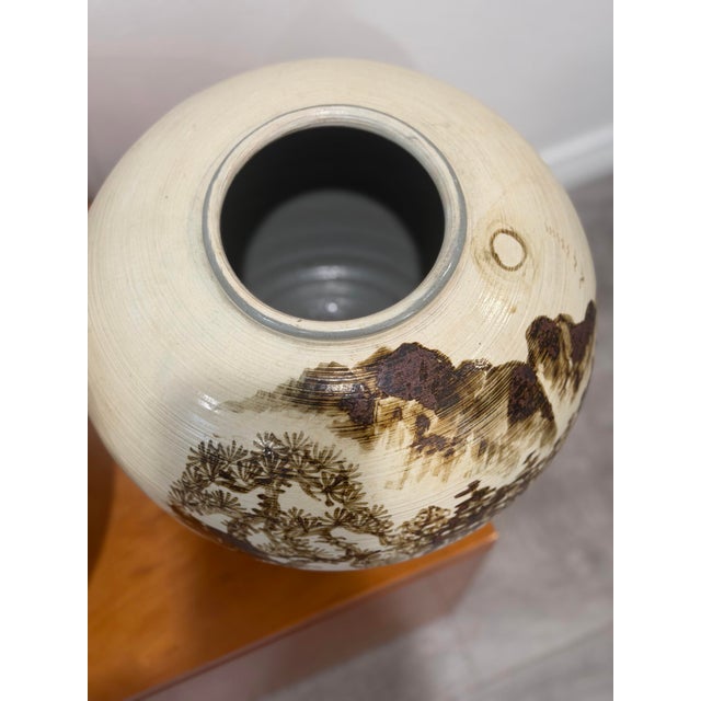 1980s Signed Asian Hand- Painted Scenic Vases | Moon Jars For Sale - Image 4 of 12
