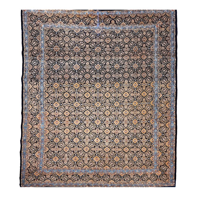 Vintage Tabriz Rug, Hand-Knotted Wool, Allover Geometric Pattern, Navy & Tan, 9x11 For Sale