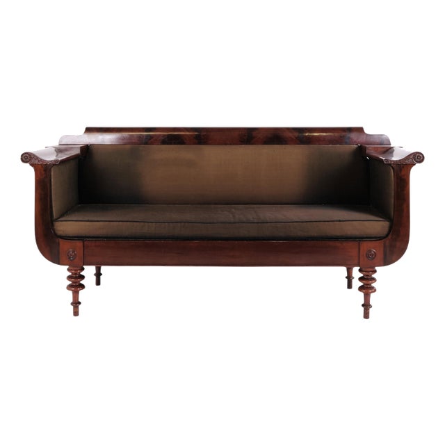 Antique Empire Sofa in Mahogany with Turned Legs and Brown Upholstery, 1830s For Sale