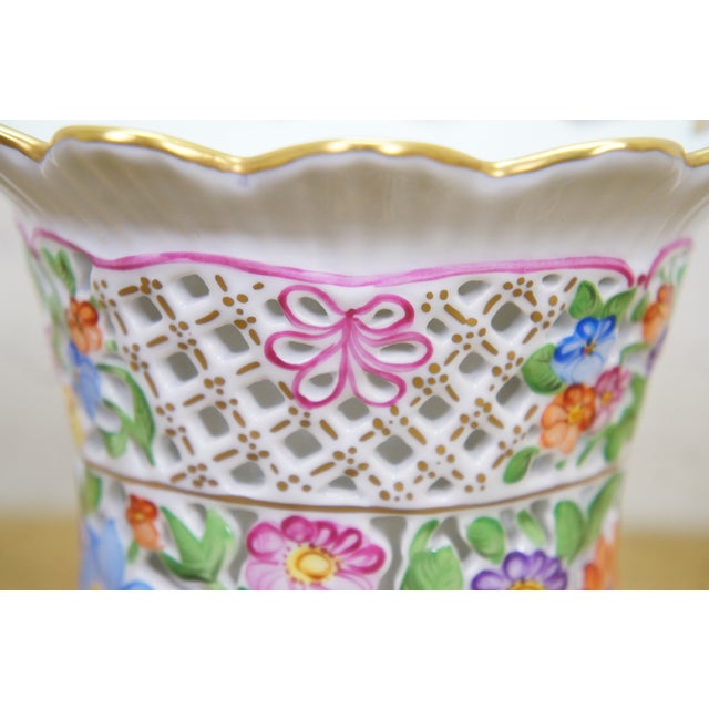 Vintage Herend Hungary Handpainted Openwork Basketweave Pierced Porcelain Vase For Sale - Image 11 of 14