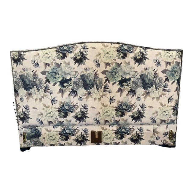 Custom Floral Upholstered Ca King Headboard With Side Rails For Sale