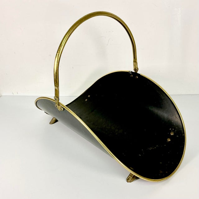 Mid 20th Century Mid-Century Arts & Crafts Federal Americana Black & Brass Firewood Holder With Paw Feet For Sale - Image 5 of 11