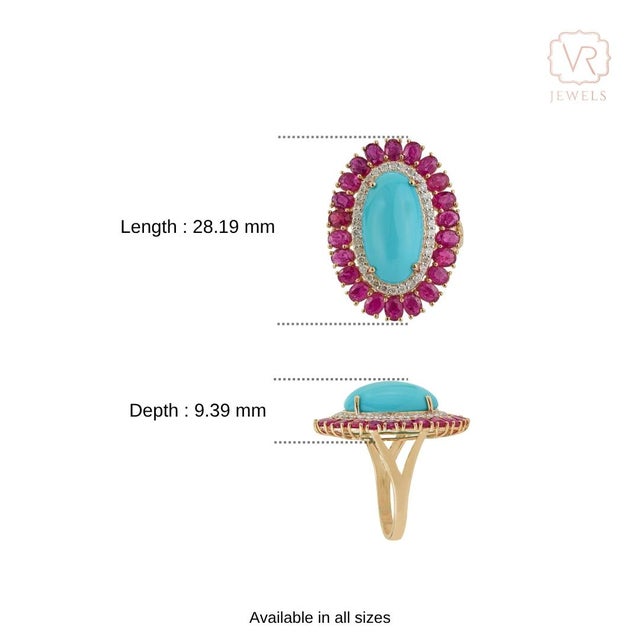 14k Yellow Gold 9.1ct Oval Cabochon Turquoise & Diamond Ruby Ring Size 6 For Sale - Image 12 of 18