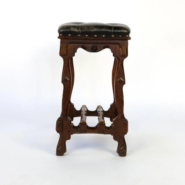 Late 19th Century Late 19th Century English Arts & Crafts Tufted Dark Leather Square Stool For Sale - Image 5 of 11