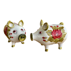Vintage Italian Hand Painted Red Floral Ceramic Pig Piggy Bank- Set of 2