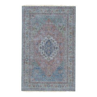 6x9 Blue Rose Distressed Medallion Hand-Knotted Wool Rug For Sale