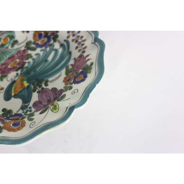 Small Vintage Hand Painted Ceramic Wall Plate, Hand Painted Floral Flowers and Bird Wall Art, Ethnic, Bohemian a.m. Skyros Signed For Sale - Image 4 of 6