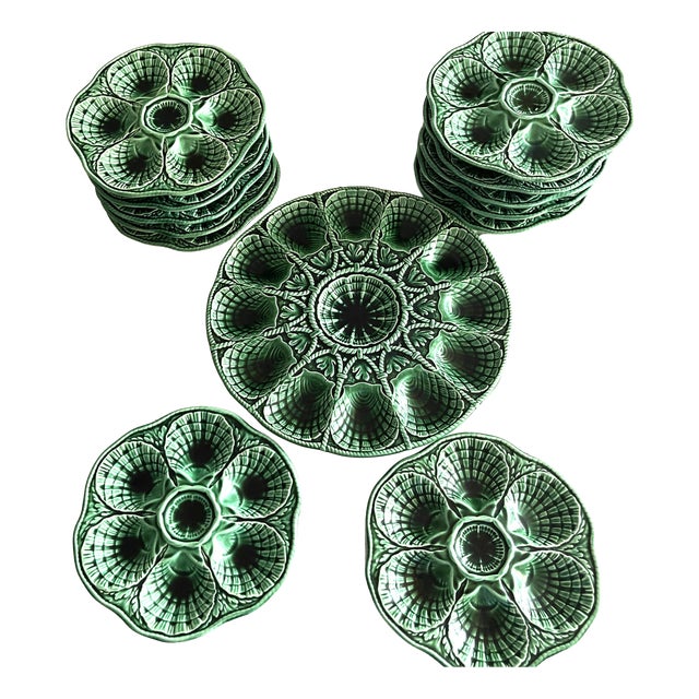 No. 9689 Majolica Oyster & Seafood Service from Sarreguemines, France, 1930s, Set of 13 For Sale