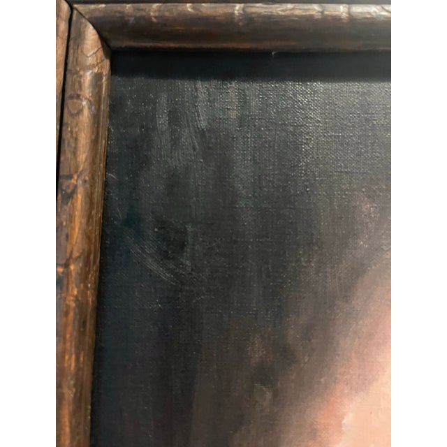 A striking vintage oil painting on canvas, signed and dated '79 in the lower right. A woman with auburn hair rests her...