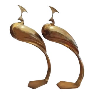 1980s Dolbi Cashier Large Standing Brass Peacock Sculptures - A Pair For Sale