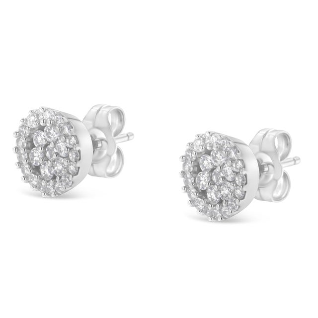 Haus of Brilliance 14K White Gold 1/2 Cttw Brilliant-Cut Diamond Halo-Style Cluster Round Button Stud Earrings (H-I Color, I1-I2 Clarity) For Sale - Image 4 of 6