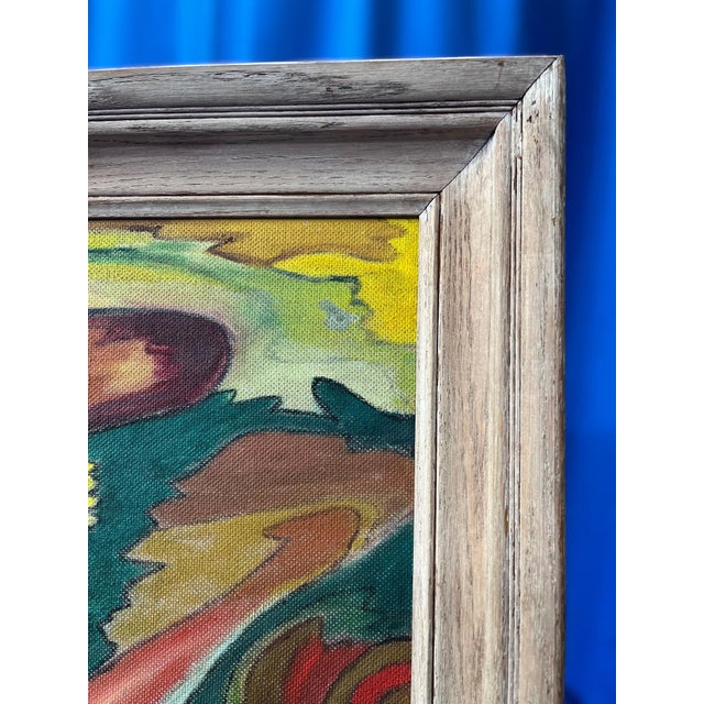 Mid-Century Modern Abstract Original Oil Painting on Board, signed H.M.H . '53. Framed in a grey 3" thick wooden frame.