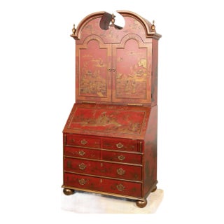Late 20th Century George-I Style Red Chinoiserie Secretary Bookcase For Sale