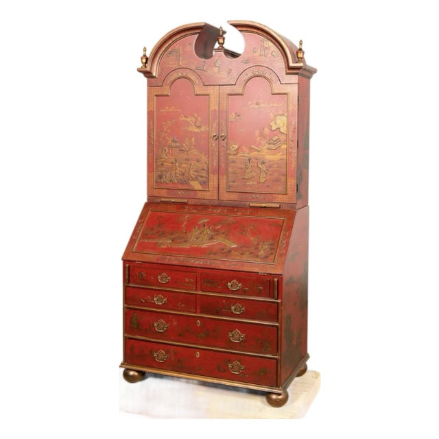 Late 20th Century George-I Style Red Chinoiserie Secretary Bookcase For Sale