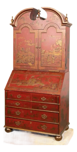 Late 20th Century George-I Style Scarlet Chinoiserie Secretary Bookcase