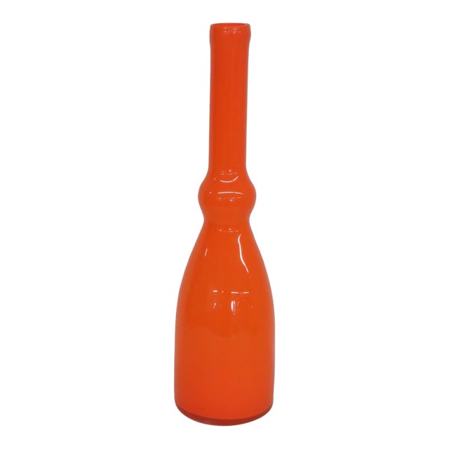 Orange Art Glass Vase Elongated Cylindrical Neck Mid Century Modern Style 4923b For Sale