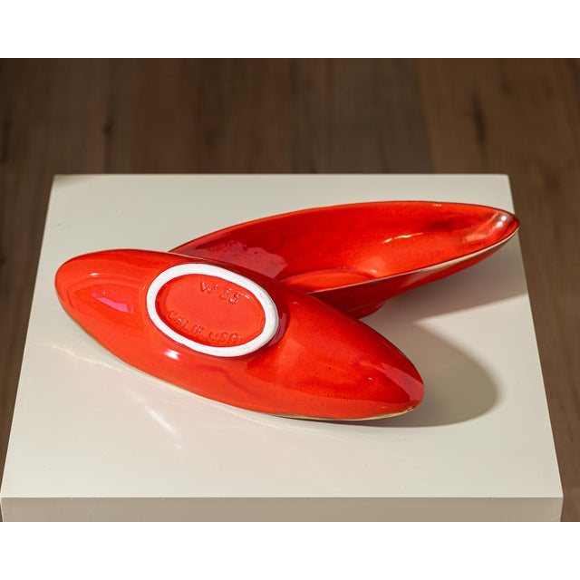 Mid-Century Modern California Pottery Red Boat Bowls With Gold Trim - A Pair For Sale - Image 10 of 11