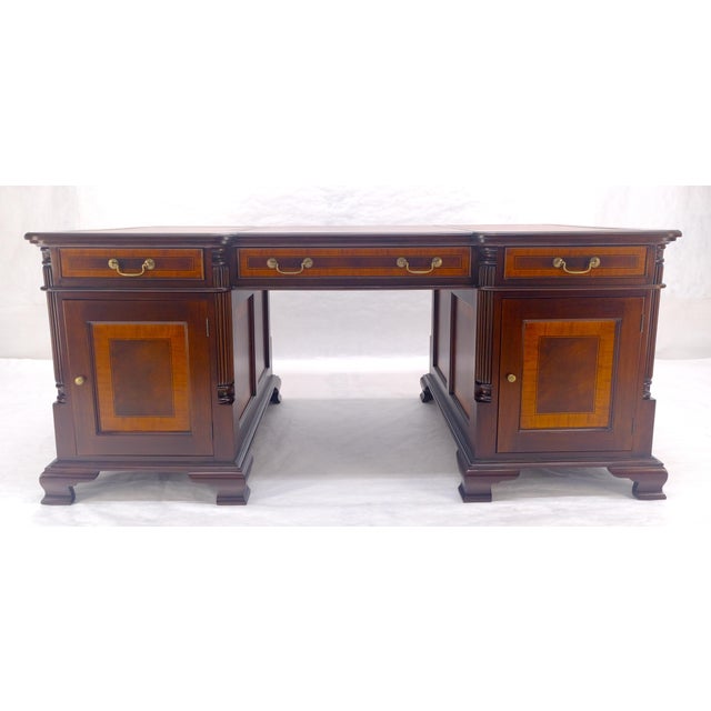 Large Double Pedestal Embossed Leather Top Mahogany Partners Desk MINT For Sale - Image 10 of 14