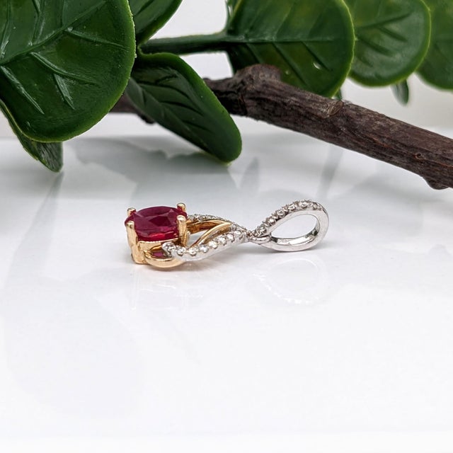 Ruby Pendant W Earth Mined Diamonds in Solid 14k Dual Tone Gold | Oval 6x4mm For Sale - Image 9 of 10