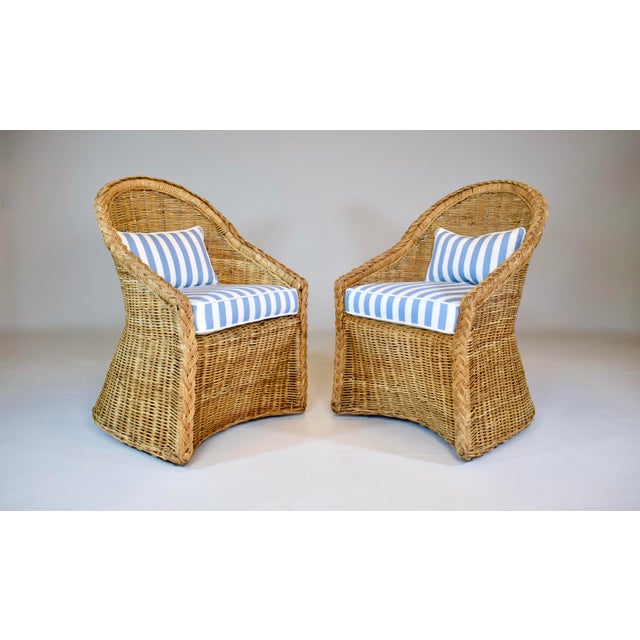 Coastal Braided Wicker Rattan Chairs After Michael Taylor Blue & White Stripes Upholstery For Sale - Image 10 of 13