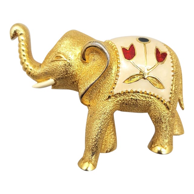Vintage 1960s Signed Jomaz Goldtone Enamel Elephant Brooch For Sale
