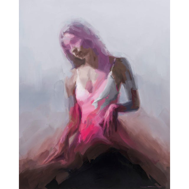 Rupture by Josh Sorrell | Oil on Panel Abstract figure with a pink dress sitting down. For Sale
