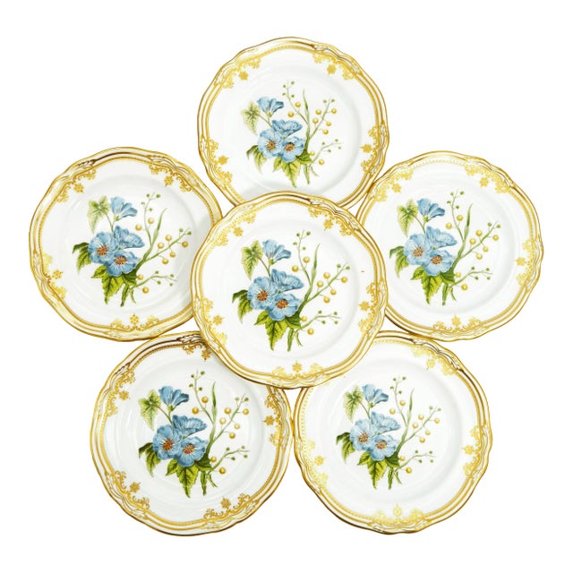 1980s Spode Stafford Flowers Sida & Acacia English Bone China Dessert/Salad Plates- Set of 6 For Sale