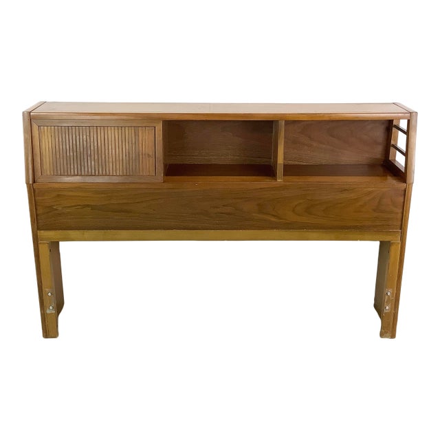 Mid-Century Full-Size Walnut Storage Headboard With Sliding Front For Sale