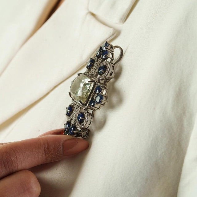 Not Yet Made - Made To Order Vintage-Inspired Green Amethyst & Blue Sapphire Diamond Brooch Pendant For Sale - Image 5 of 13