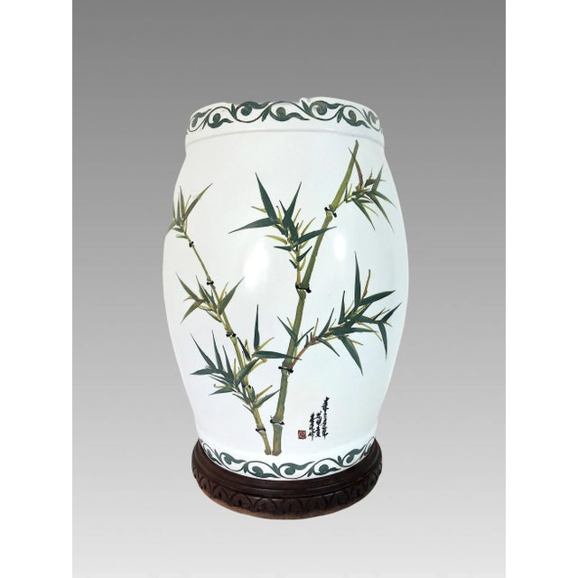 Vintage Chinese White Porcelain Garden (Drum) Stool With Green Bamboo, Pink & Blue Flowers, Side Table on Custom Rosewood Wood Display Stand For Sale In Tampa - Image 6 of 11